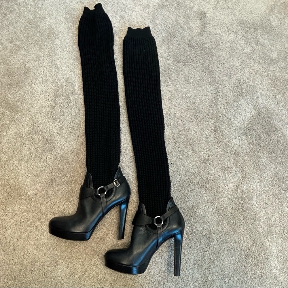 Gucci black wool knit over the knee sock harness boots leather platform 39.5 - Picture 4 of 12